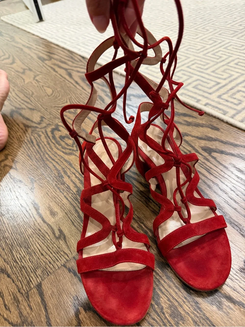 Gianvito Rossi Red Suede Lace-Up Block Heel Sandals